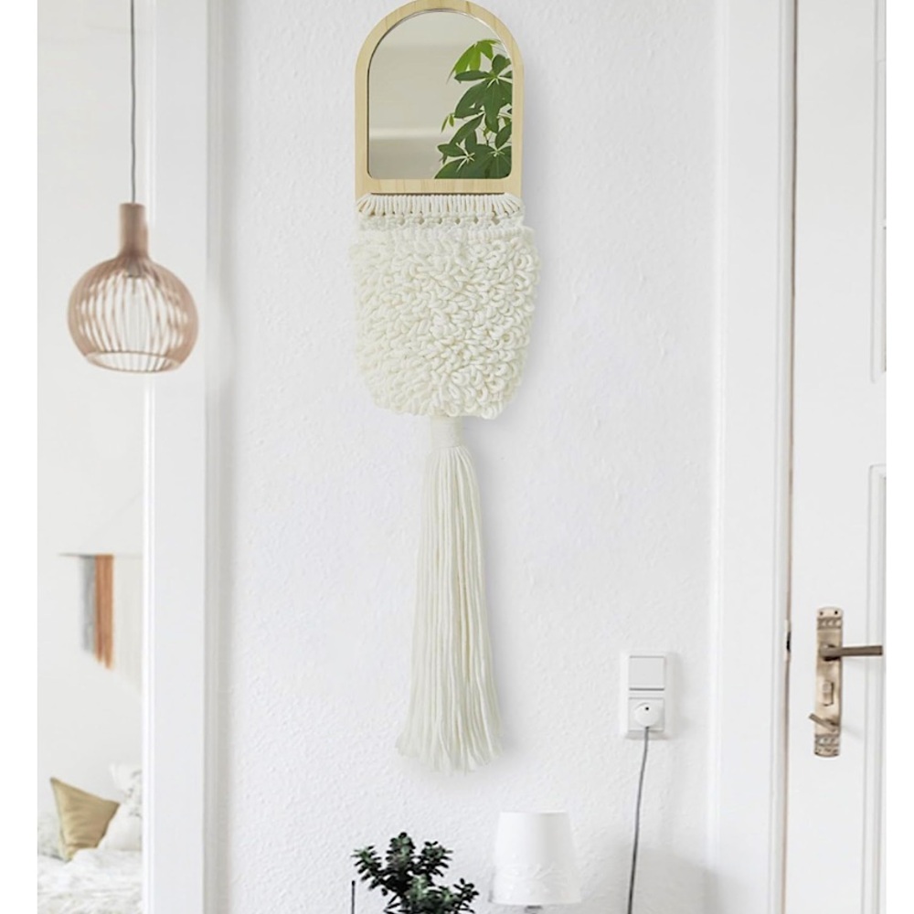 NEW White Cotton Macrame Basket Boho Wooden Mirror Wall Decor Bohemian Cottage
